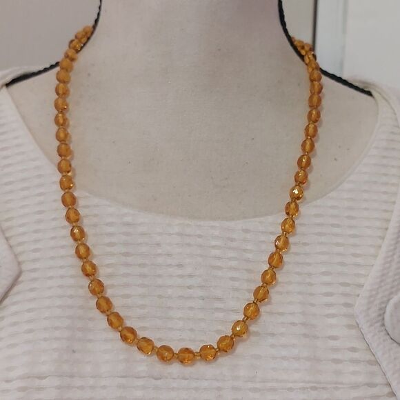 Vintage Jewelry - Vintage Czech Glass Yellow Citrine Bead Necklace Twist Barrel Clasp